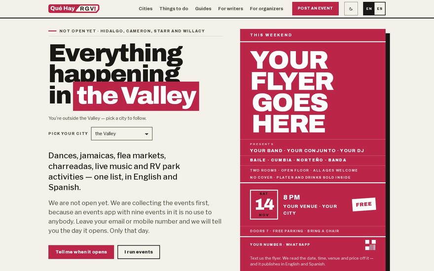 The home page of Qué Hay RGV.