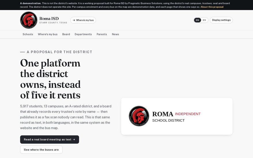 The home page of the Roma ISD build.