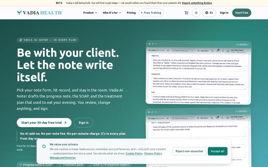 The home page of Vadia Health.
